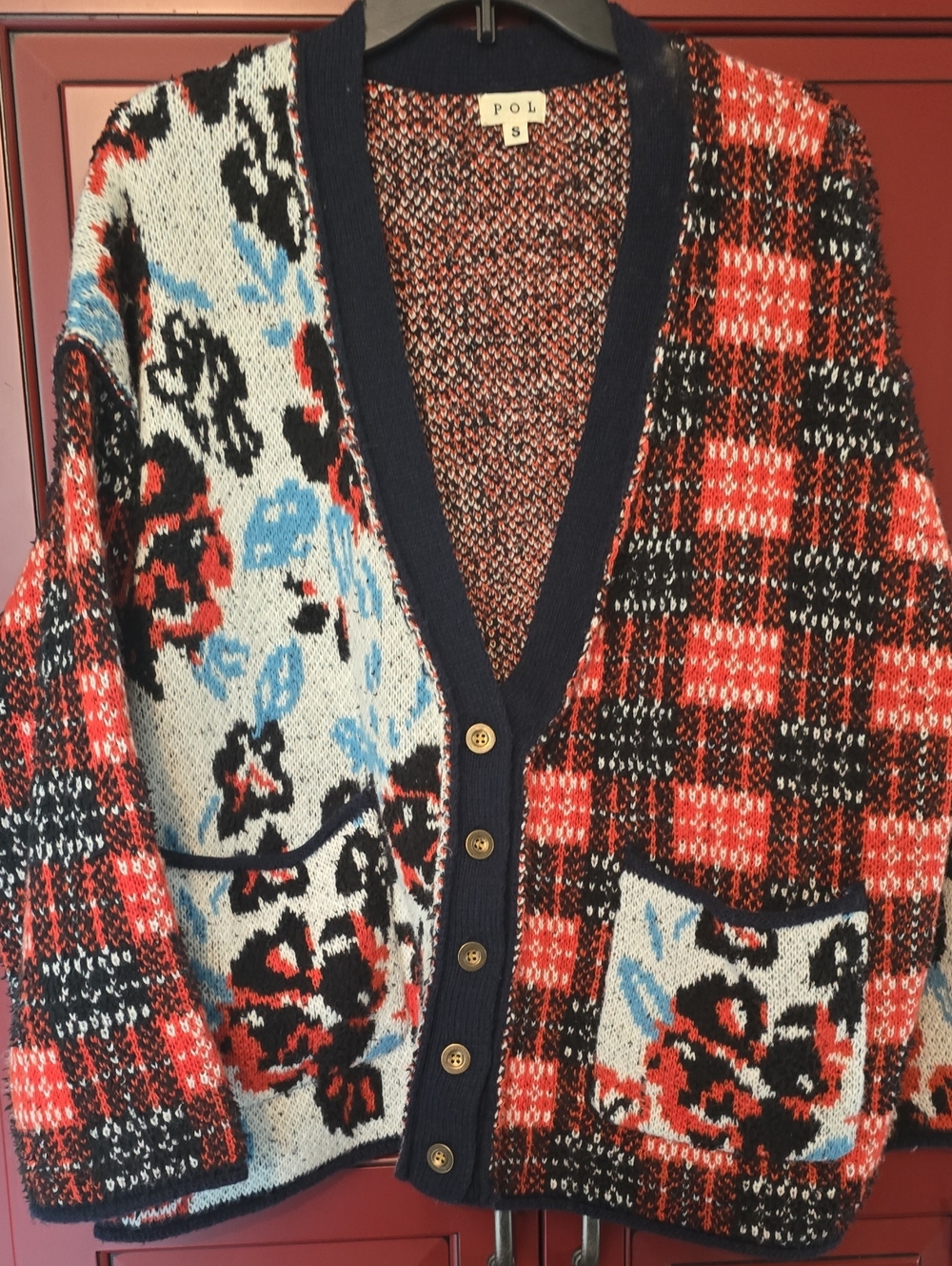 POL Men’s Patchwork Cardigan Sweater - Red/Black/Blue